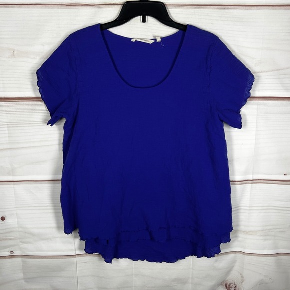 Soft Surroundings Tops - Soft Surroundings Blouse Womens Large Blue Solid Cotton Gauze Layered Hem Top